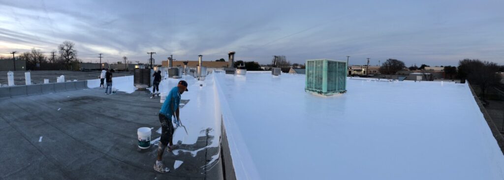 Silicone mastic applied at penetrations, drains, and perimeter drip edge on Freewood Dr, Dallas
