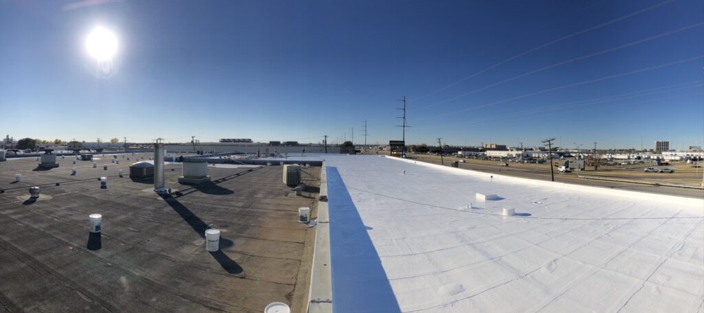 Silicone mastic applied at drains and penetrations on the GoodYear Tire roof in Dallas