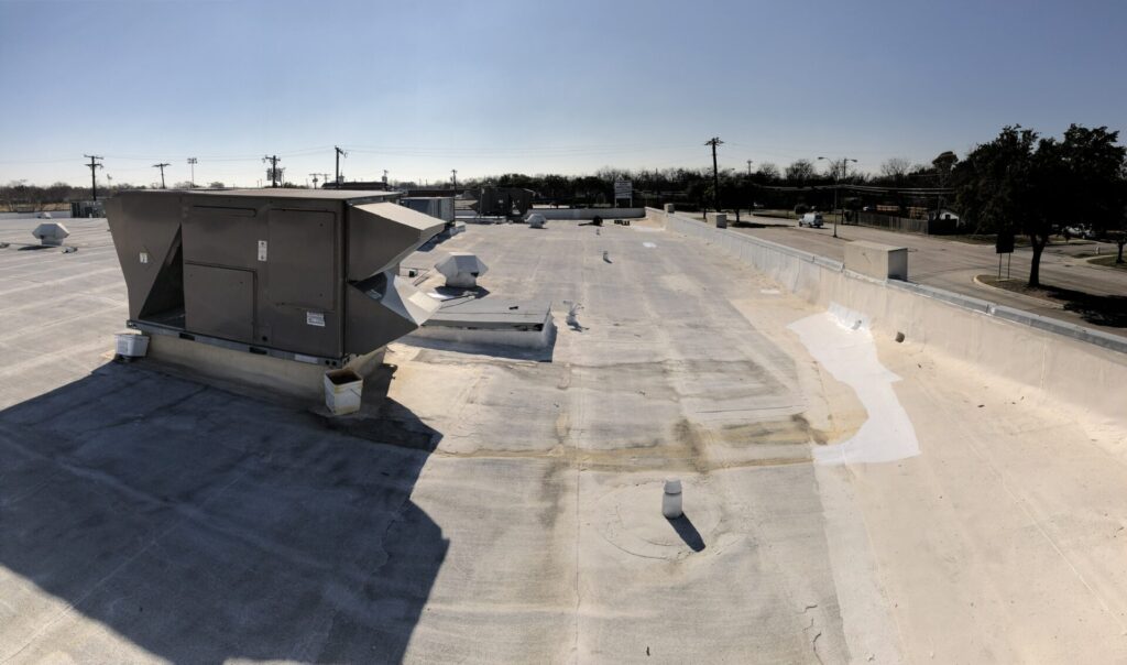 Silicone roof coating installed over the repaired areas, in service since December 2019, Dallas, TX