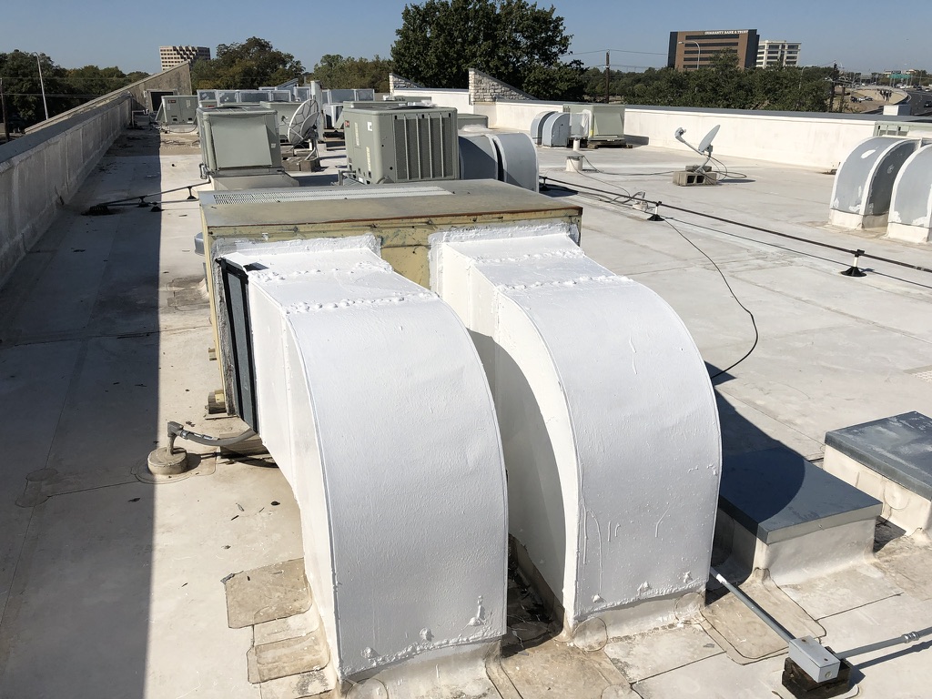Completed silicone sealing across the rooftop mechanical plenums at 16200 Dallas Pkwy, Dallas, TX