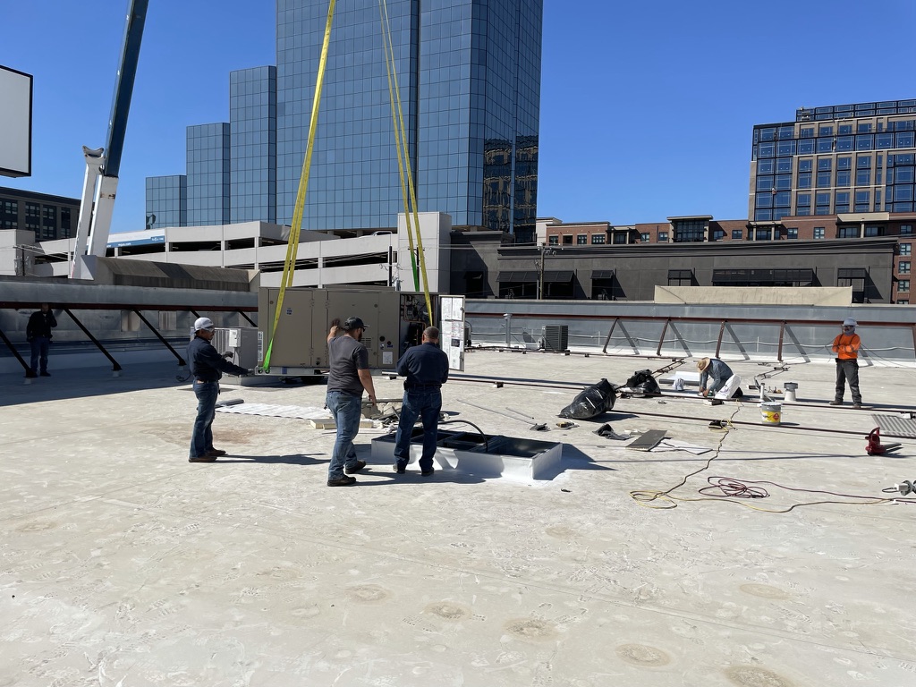 New TPO membrane installed to waterproof the mechanical curb in the Knox-Henderson District, Dallas