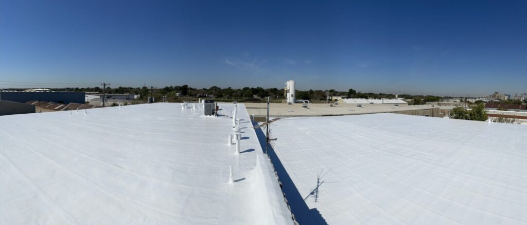 Completed GE Momentive white silicone roof coating at Sparkles Home, South Fort Worth