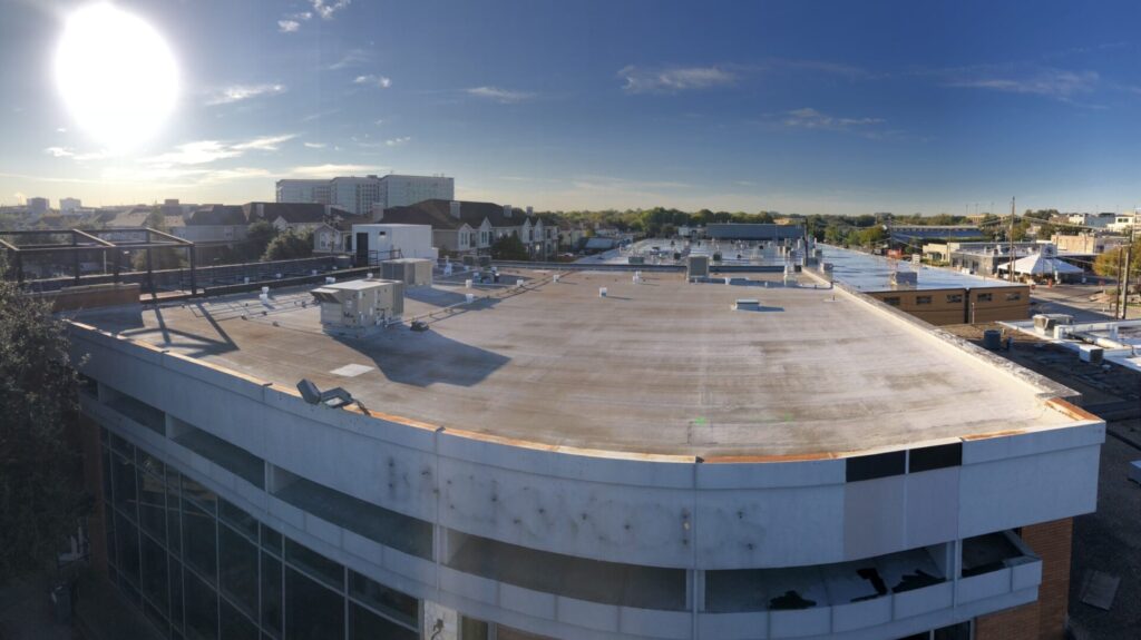 Silicone roof coating over Modified Bitumen at 2727 West Seventh St. in Fort Worth's West 7th District
