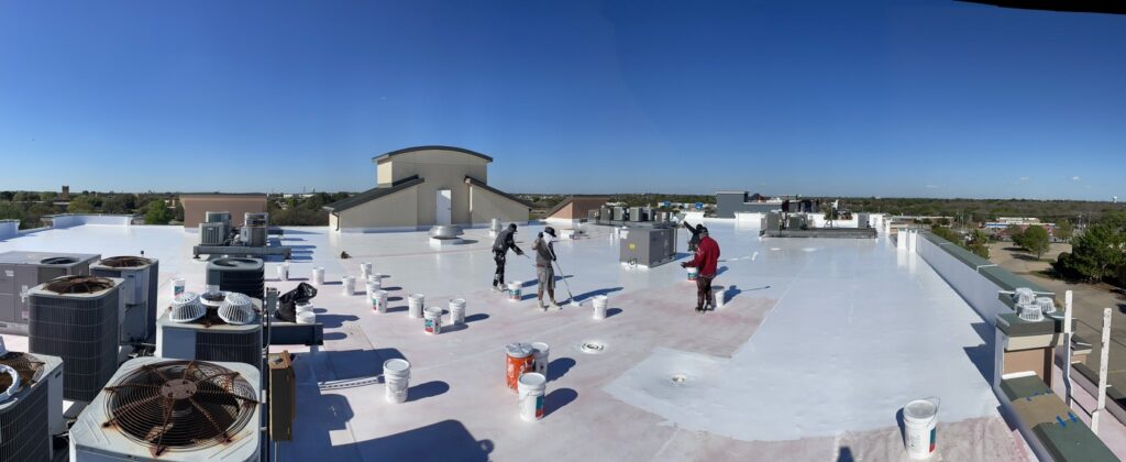 Wide view of the completed silicone roof coating on the medical facility in Hurst, Texas