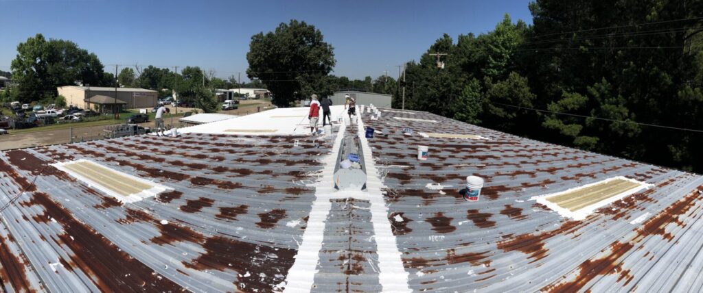 3-coursed seams with nylon mesh and silicone mastic on the metal roof at East Loop Dr., Longview, Texas
