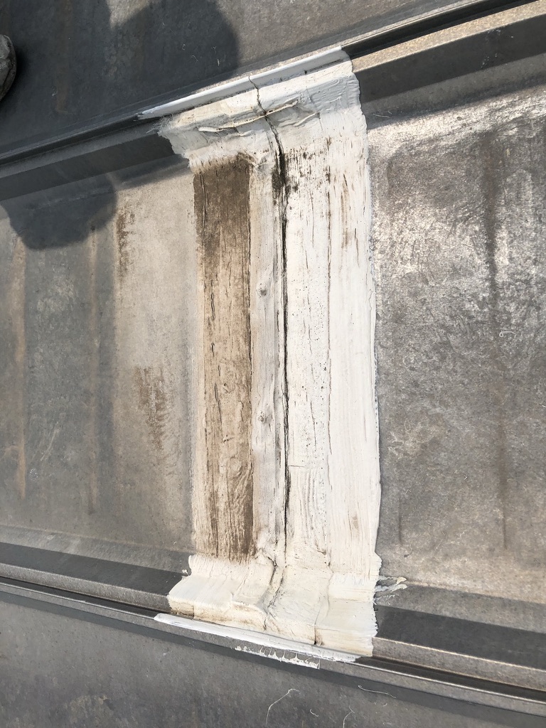 Failed horizontal seams around a large box roof vent identified during leak detection, Paris, TX
