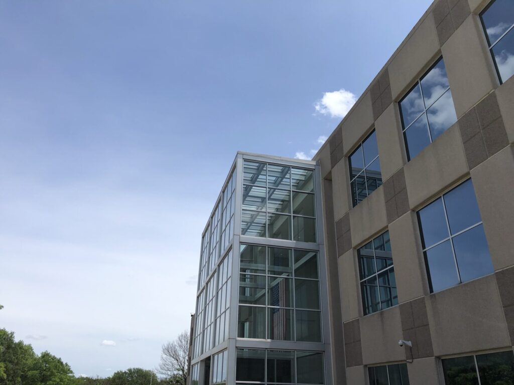 Commercial skylight grid over the atrium at AT&T's Plano, TX campus during leak repair by Pepper Coatings