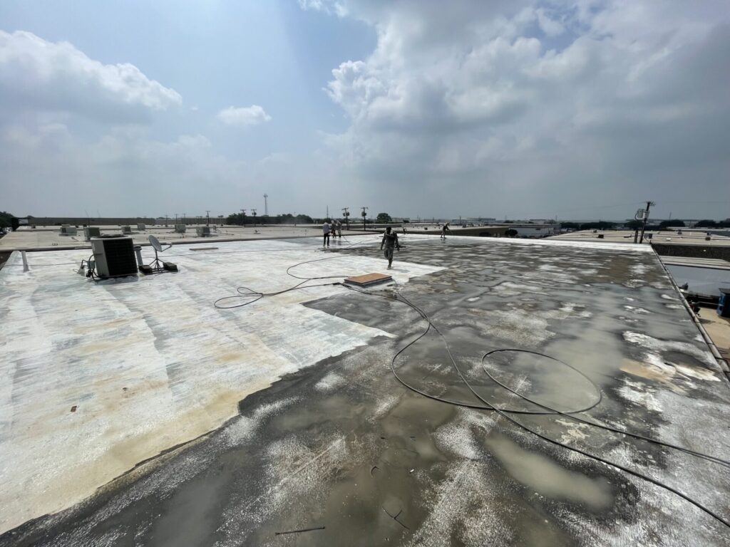 8,000 sq ft SPF roof at Bee Builders Supply in Plano, TX before silicone roof coating
