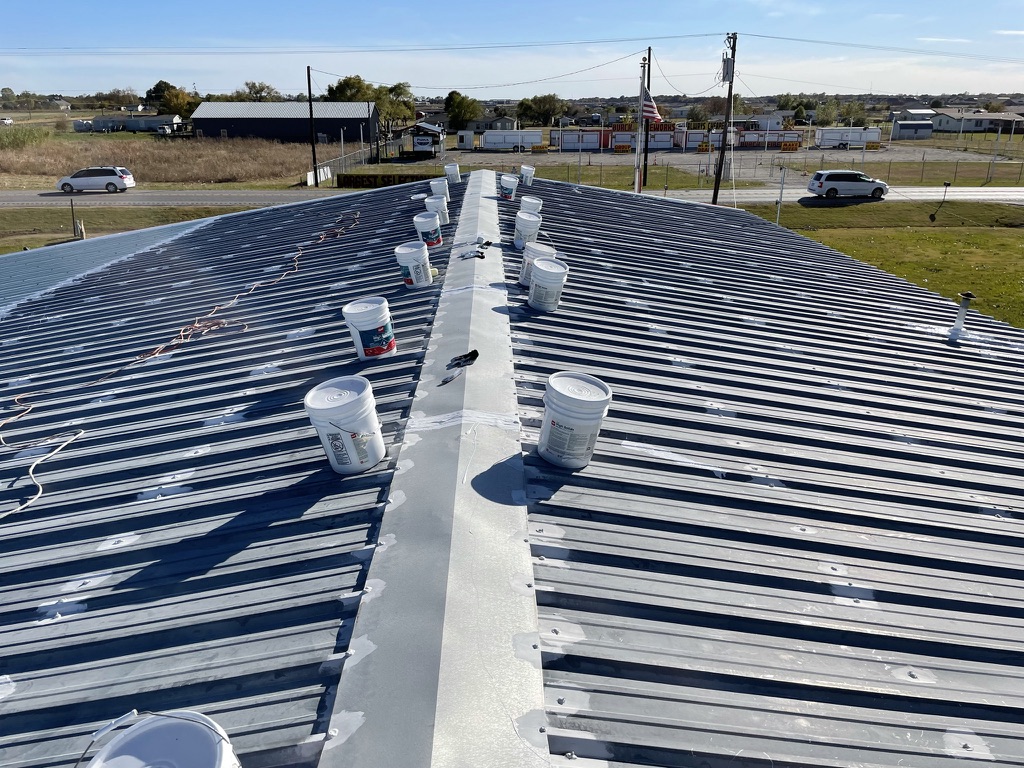 Metal R-panel roof at Princeton Fire Department Station 4 before silicone roof coating, 7777 FM-546, Princeton, TX