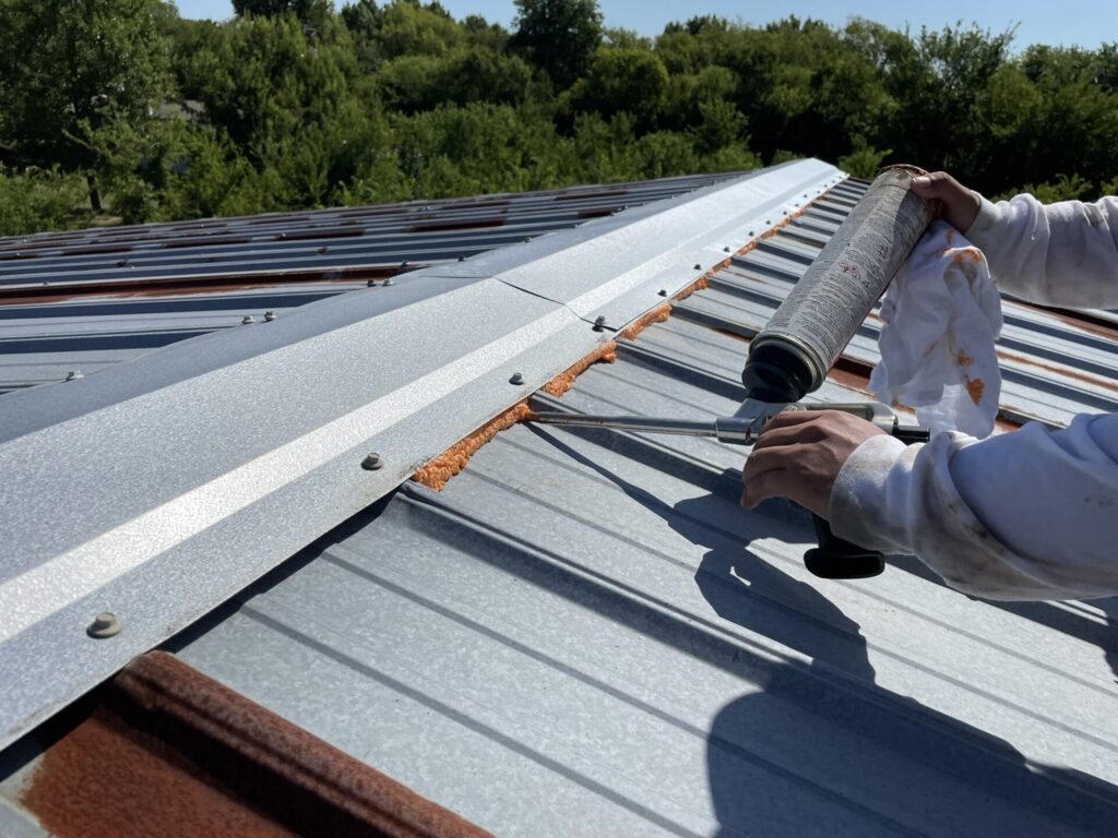 Leaking metal R-panel roofing system at the Patriot Construction building on FM-3133, Van Alstyne, TX