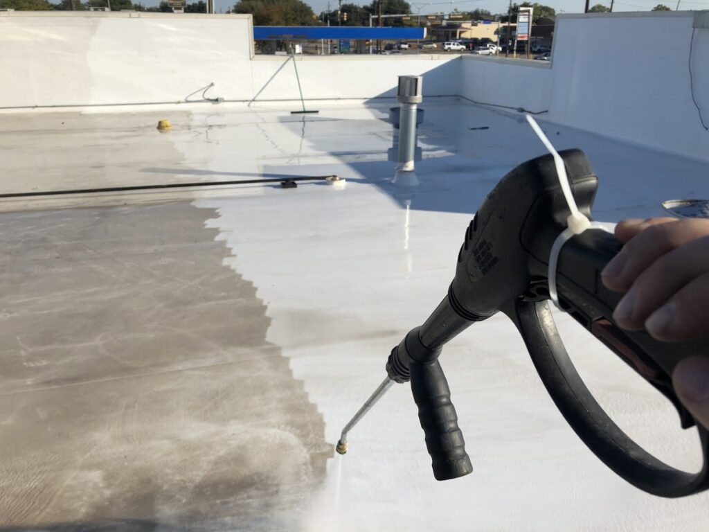 Silicone mastic applied at pitch pans and roof drains on the Duncanville commercial roof