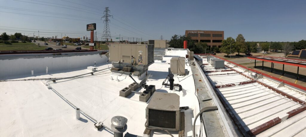 Completed silicone roof coating — a re-roof alternative at roughly half the cost of a TPO overlay, Fort Worth