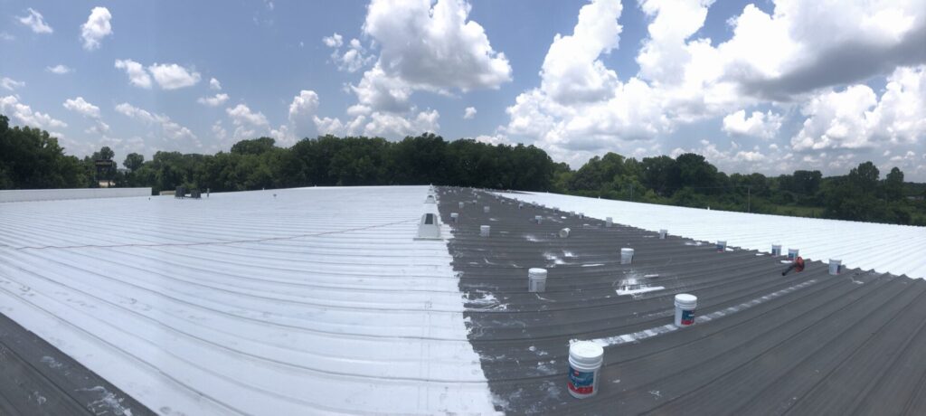 Completed white silicone roof coating over the GoodYear Tire industrial roof, Little Rock, Arkansas