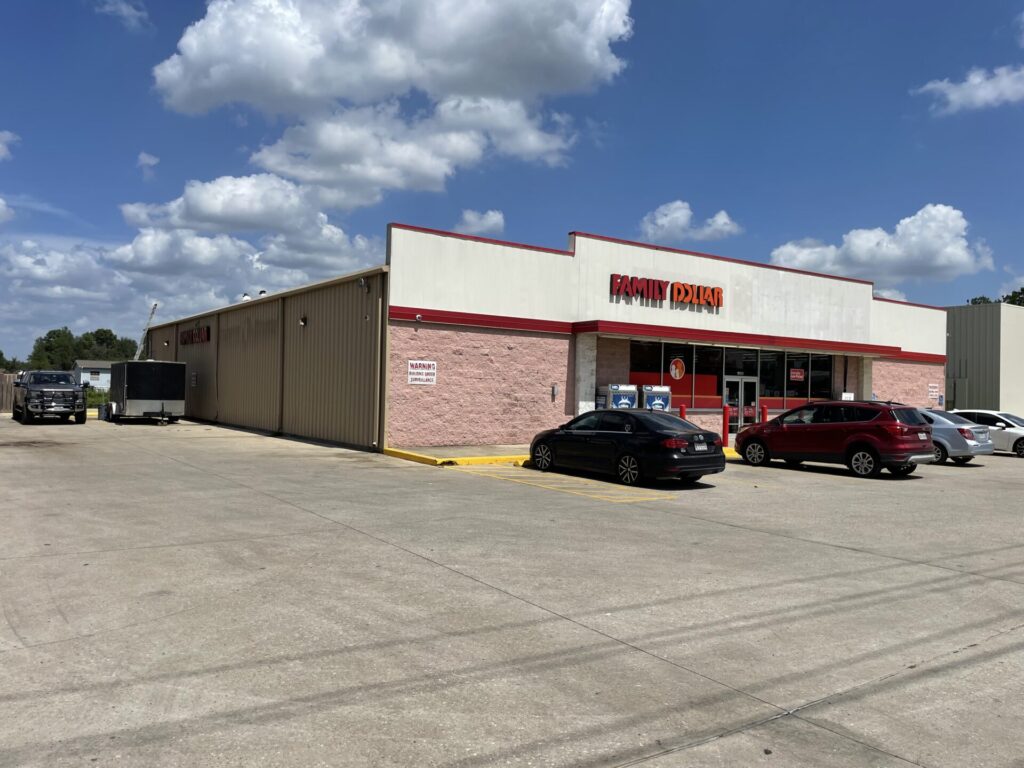 Family Dollar building exterior at 16000 Hwy 105, Conroe, TX, ahead of the roof coating project