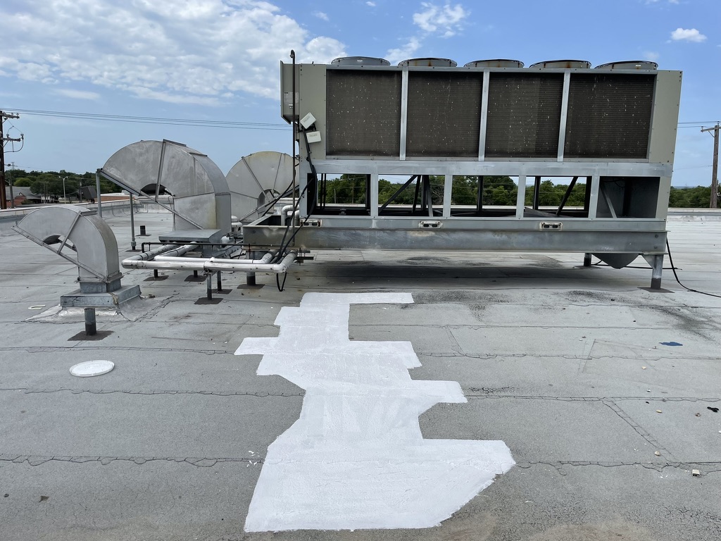 GAF silicone mastic repair completed at the chiller unit drip zone, Dallas, Texas