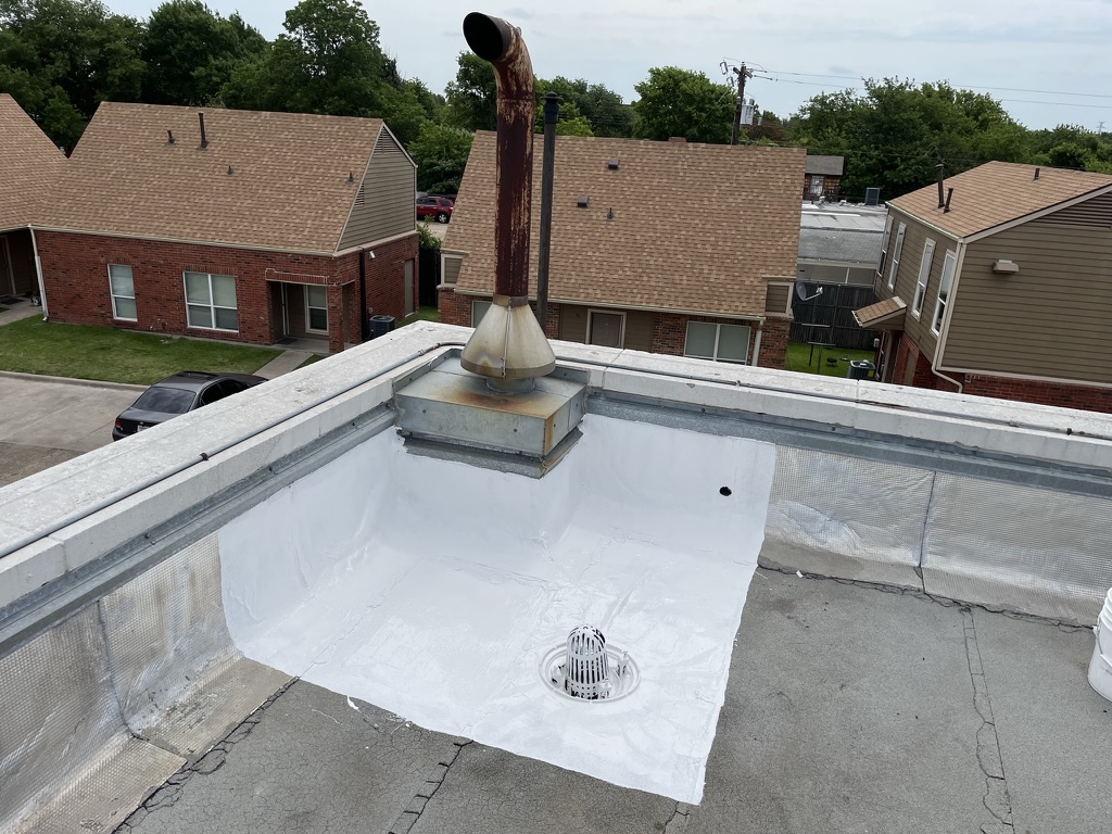 Completed silicone repair sealing the roof membrane near the drain, Military Pkwy, Dallas, TX