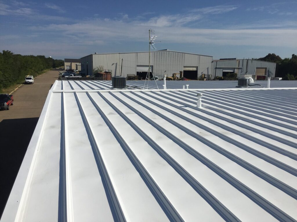 Lapolla Thermo-Flex 1000 acrylic roof coating applied over the existing metal roof, McKinney, TX
