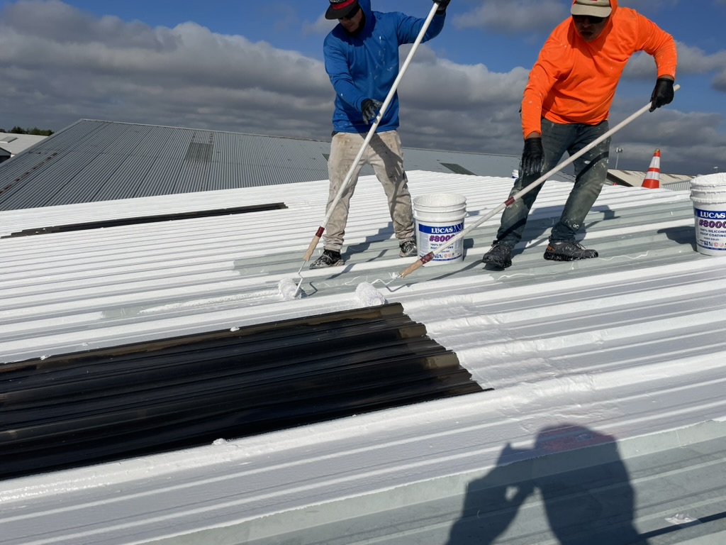 Two applicators roller-applying white silicone beside a skylight on the McKinney metal roof, with Lucas #8000 pails nearby